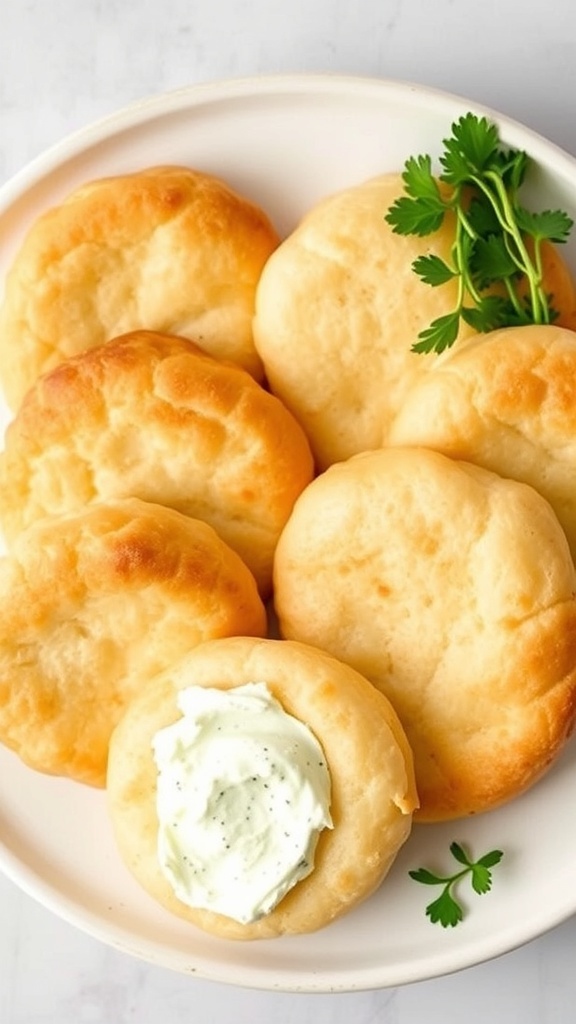 Fluffy cloud bread rounds on a plate with cream cheese spread and herbs.
